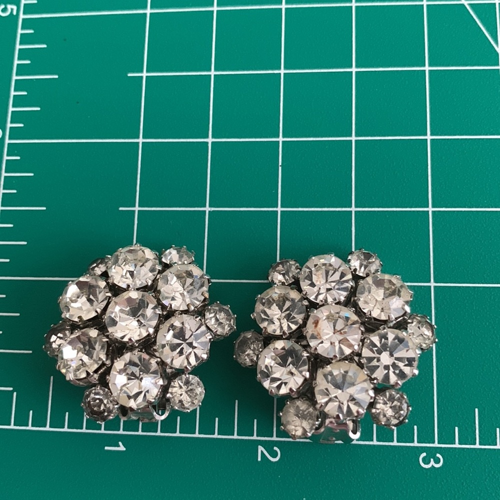 Weiss Clip vintage rhinestone silver-tone earrings, large in size